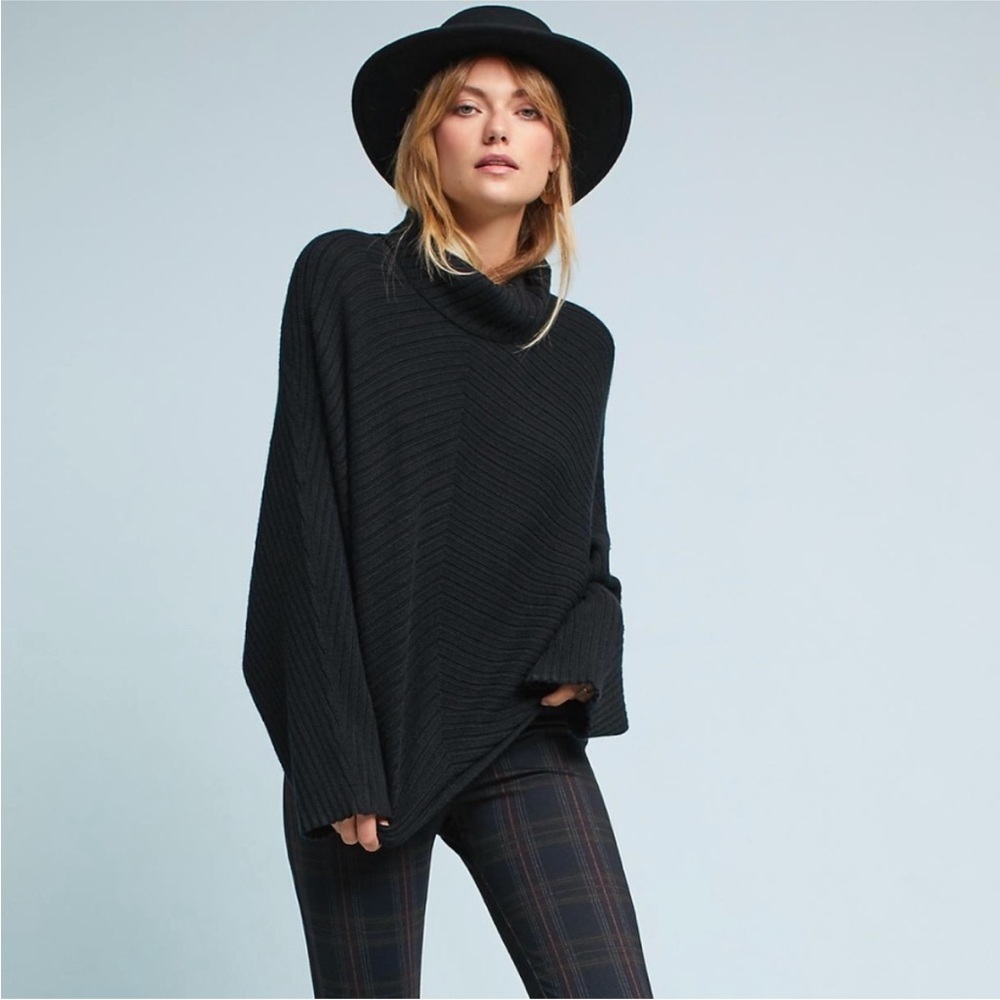 Anthropologie Moth Tisbury Ribbed Knit Turtleneck Pullover Sweater Black XS